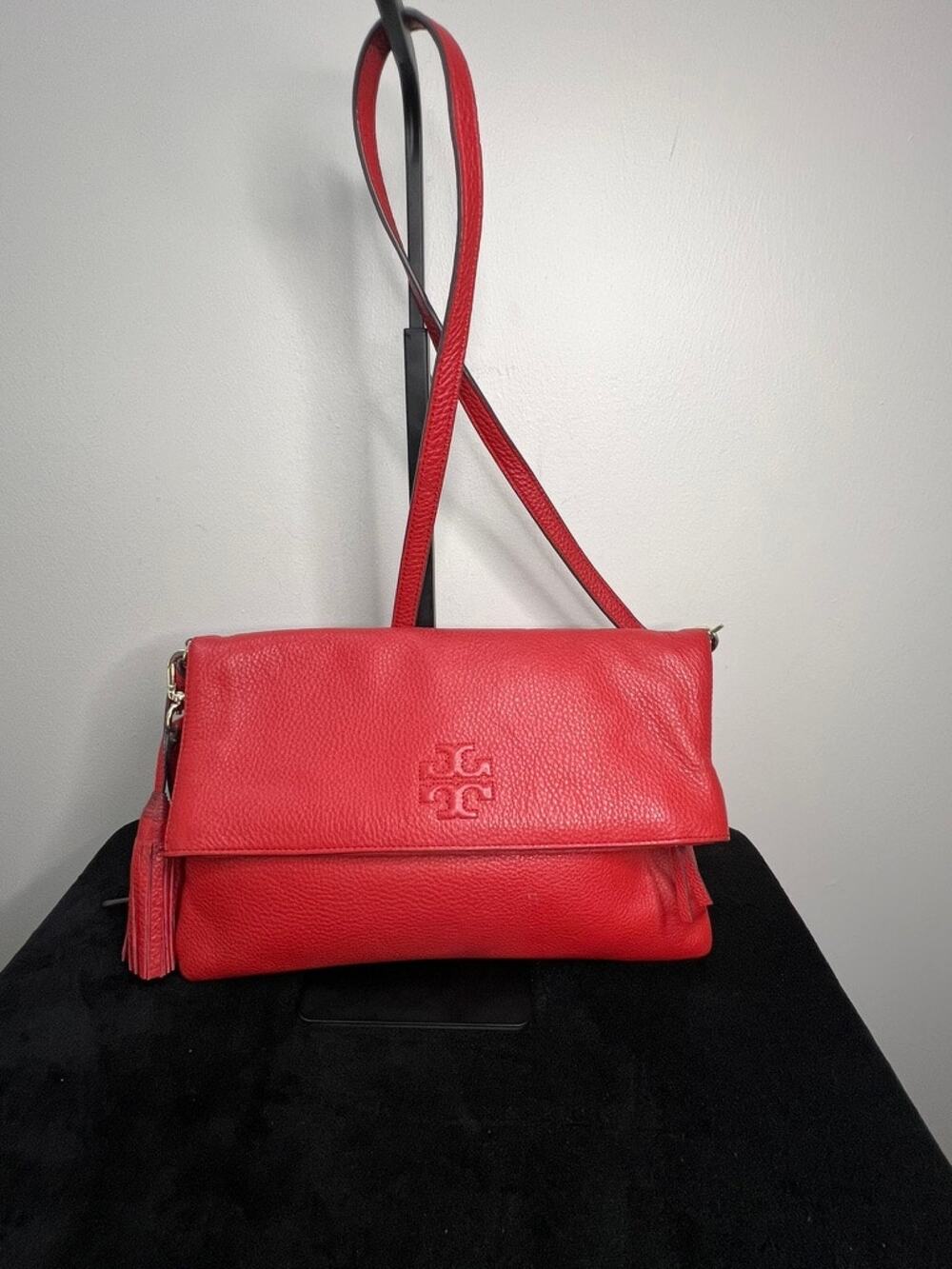 Tory Burch Pebbled Leather Foldover Crossbody Red Coral Tassel Shoulder Purse